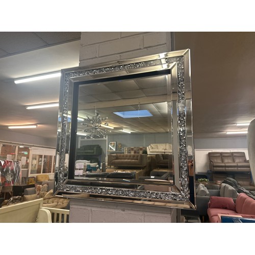 1357 - A square mirror with bevelled edge glass with a border filled with crystals, H 60cms (GATSBYBOX6027)... 