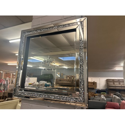 1357 - A square mirror with bevelled edge glass with a border filled with crystals, H 60cms (GATSBYBOX6027)... 