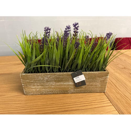 1430 - A faux lavender and onion grass in a rustic wooden box  - W 30cms  (65880005)