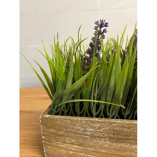 1430 - A faux lavender and onion grass in a rustic wooden box  - W 30cms  (65880005)