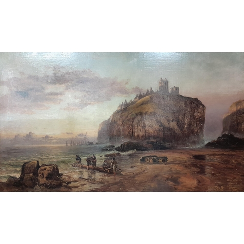 10 - Scottish School (19th Century), figures on a beach with Dunnottar Castle in the distance, oil on can... 