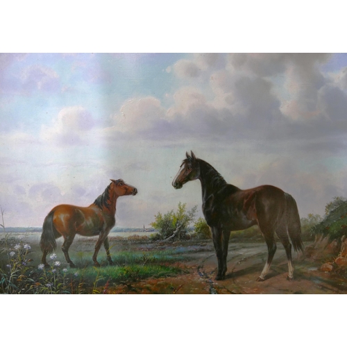 11 - David Ronald (20th Century), rural landscape with a horse and mare in a field, oil on board, signed ... 