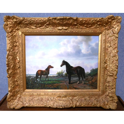 11 - David Ronald (20th Century), rural landscape with a horse and mare in a field, oil on board, signed ... 