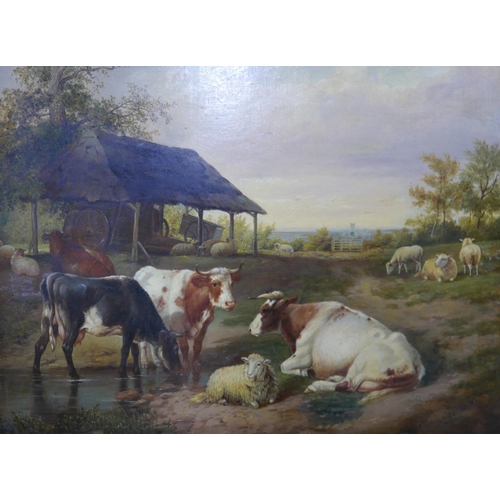 13 - Attributed to Thomas Sidney Cooper R.A. (1803-1902), farmyard scene with cattle and sheep resting, o... 