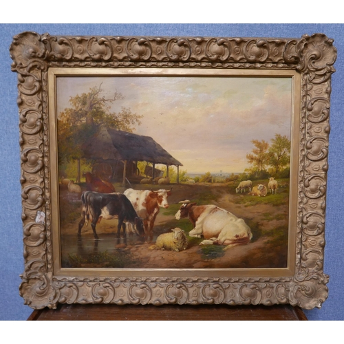 13 - Attributed to Thomas Sidney Cooper R.A. (1803-1902), farmyard scene with cattle and sheep resting, o... 