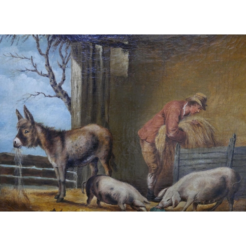 14 - English School (19th Century), interior barn scene with a farmers boy, pigs and a donkey, oil on can... 