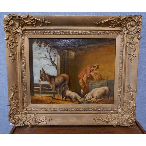 14 - English School (19th Century), interior barn scene with a farmers boy, pigs and a donkey, oil on can... 