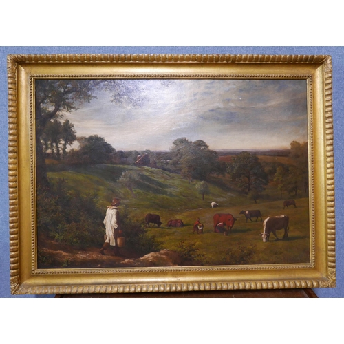 15 - English School (19th Century), milkmaids in a rural landscape with cows, oil on canvas, 51 x 75cms, ... 