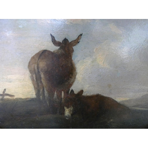 16 - English School (19th Century), oval rural landscape with donkeys at sunset, oil on copper, 18 x 23cm... 