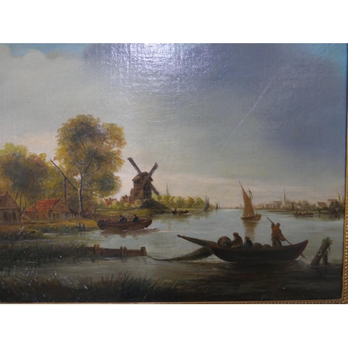 17 - Dutch School (19th Century), river landscape with a windmill and boats, oil on canvas, 36 x 49cms, f... 