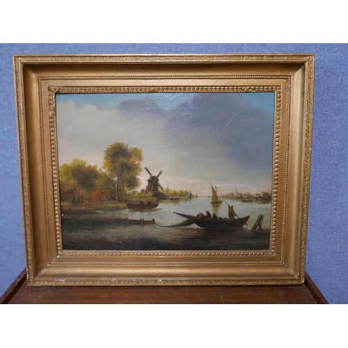 17 - Dutch School (19th Century), river landscape with a windmill and boats, oil on canvas, 36 x 49cms, f... 