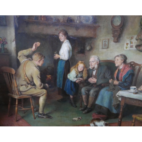 20 - English School (early 20th Century), interior cottage scene with a British WWI soldier and family, i... 