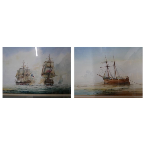 25 - D.C. Bell (20th Century), Napoleonic Naval battle scene, watercolour, 33 x 50cms and a coastal scene... 