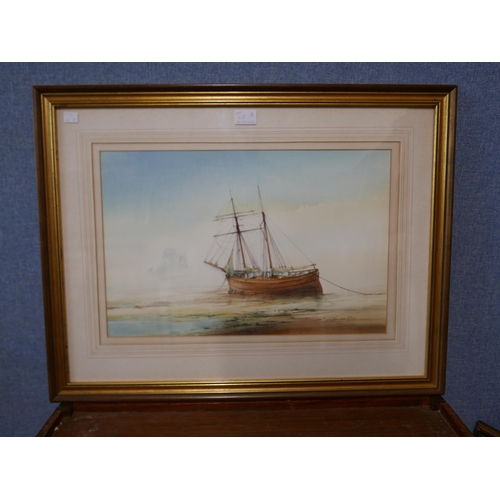 25 - D.C. Bell (20th Century), Napoleonic Naval battle scene, watercolour, 33 x 50cms and a coastal scene... 