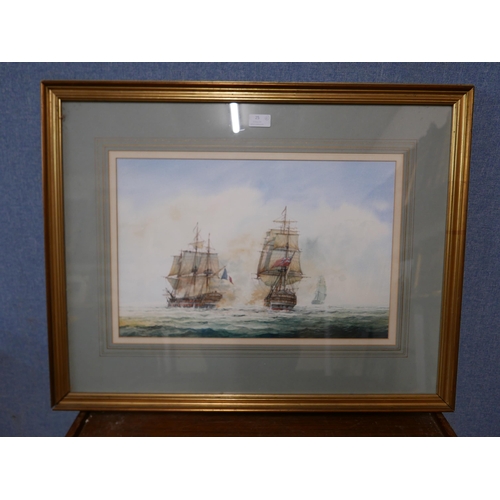 25 - D.C. Bell (20th Century), Napoleonic Naval battle scene, watercolour, 33 x 50cms and a coastal scene... 