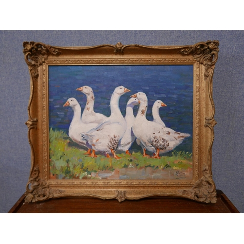 27 - Malcolm Coward (b.1948), Gaggle of Geese, oil on canvas, signed lower right, 39 x 59cms, framed