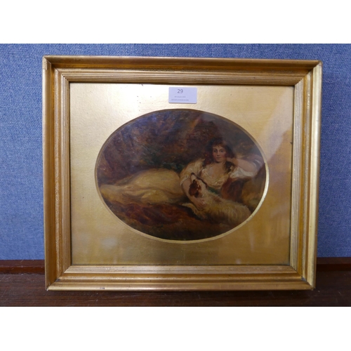 29 - Scottish School (19th Century), oval portrait of a reclining lady and dog, oil on board, 18 x 23cms,... 