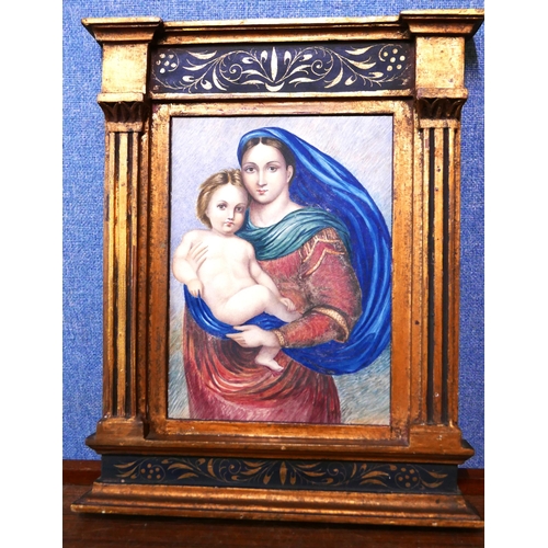 30 - Italian School, portrait of Madonna and Child, after Raphael, watercolour, 23 x 16cms, gilt tabernac... 