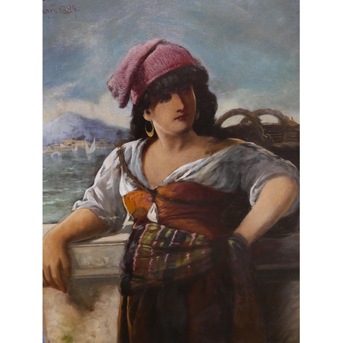 32 - A. Donato (Neopolito School), portrait of a fisher woman with Mount Vesuvius in the distance, oil on... 