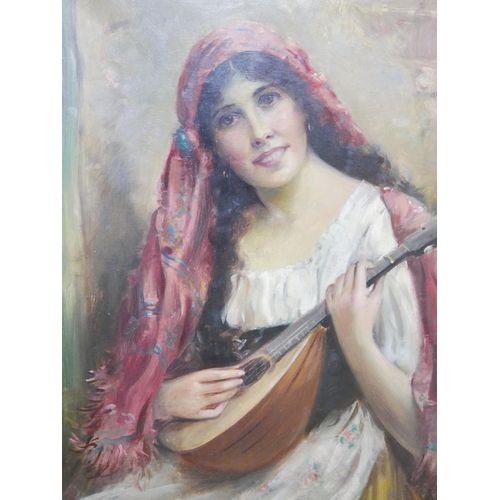 34 - William Joseph Carroll (1842-1902), portrait of a young lady with mandolin, oil on canvas, signed lo... 