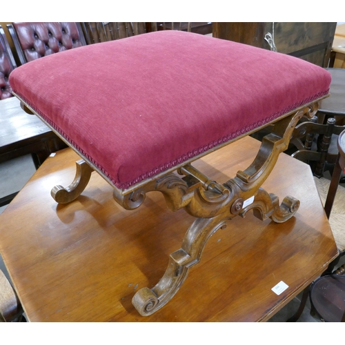 343 - A Victorian carved walnut x-frame stool