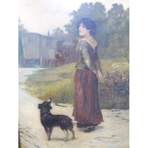 35 - Bernard Cobb (fl. late 19th Century), portrait of a gypsy lady and dog on a country lane with horse ... 