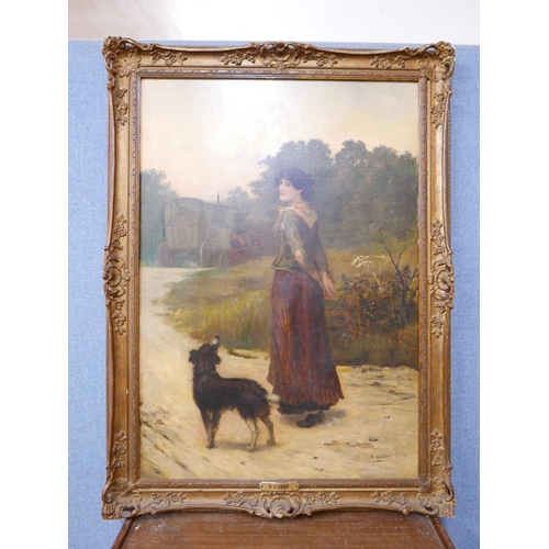 35 - Bernard Cobb (fl. late 19th Century), portrait of a gypsy lady and dog on a country lane with horse ... 