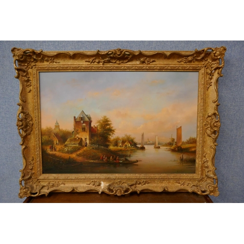 38 - Dutch School (20th Century), landscape with boats on a river, oil on board, indistinctly signed lowe... 