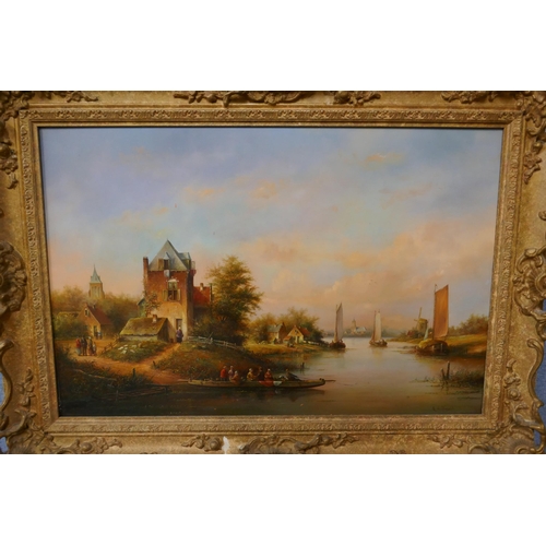 38 - Dutch School (20th Century), landscape with boats on a river, oil on board, indistinctly signed lowe... 