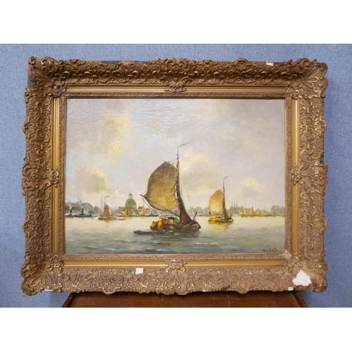 39 - Willem Van Oort (late 19th/early 20th Century Dutch), Binnerhaven met Schepen, Amsterdam, oil on can... 