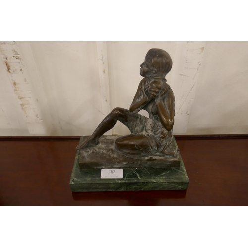 457 - An Art Deco style bronze figure of a lady, on green marble socle