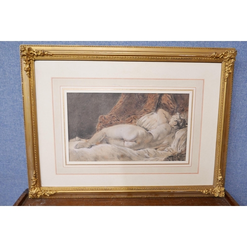 50 - French School (19th Century), portrait of a reclining erotic nude female, pencil, chalk and bodycolo... 