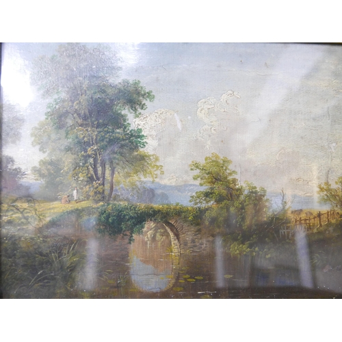 53 - English School (19th Century), rural landscape with figures by a bridge over a stream, oil on canvas... 