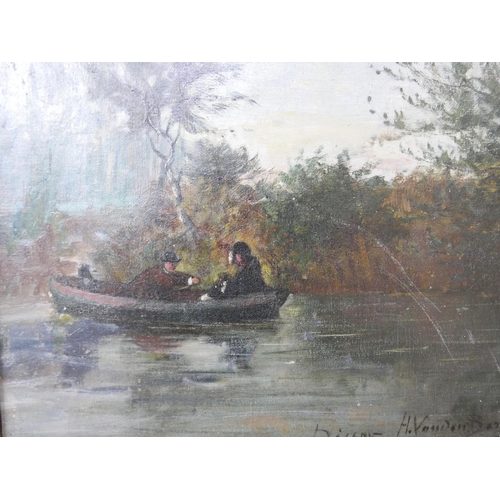 54 - French Impressionist School, landscape with figures rowing a boat on a lake, oil on board, indistinc... 