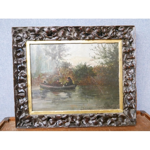 54 - French Impressionist School, landscape with figures rowing a boat on a lake, oil on board, indistinc... 