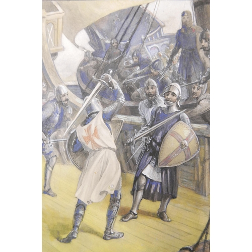 63 - John Menzies (1871-1939), armoured sword fight on a ship, possibly an illustration for a book, water... 