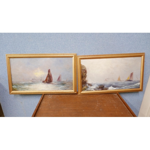 68 - E. Chester (late19th/early 20th Century), pair of seascapes, oil on board, 28 x 53cms, framed