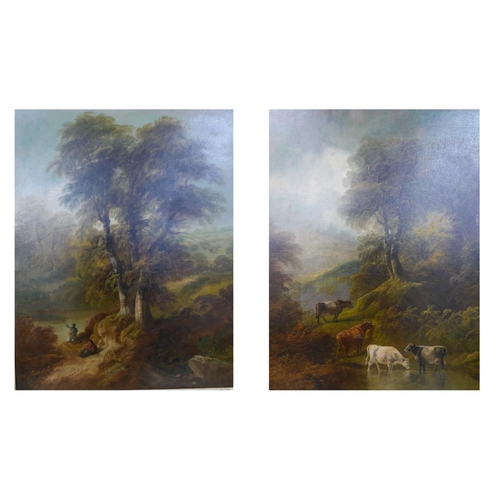 71 - John Joseph Barker of Bath (1824-1904), pair of rural landscapes, cattle watering in a woodland clea... 