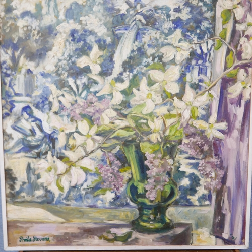 73 - Sheila Stevens (20th Century), still life of white lillies in a vase, oil on board, signed lower lef... 