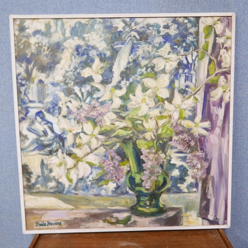 73 - Sheila Stevens (20th Century), still life of white lillies in a vase, oil on board, signed lower lef... 