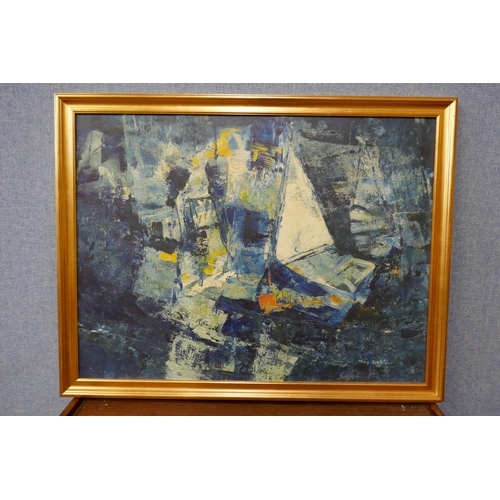 74 - Tony Giles (1925-1994), abstract marine landscape with a yacht, oil on board, signed lower right, 50... 