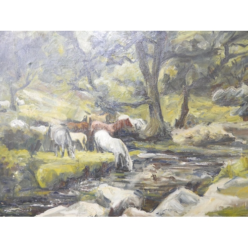 75 - Modern British School, landscape with horses at a river watering, oil on canvas, unsigned, 51 x 61cm... 