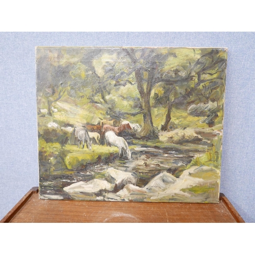 75 - Modern British School, landscape with horses at a river watering, oil on canvas, unsigned, 51 x 61cm... 