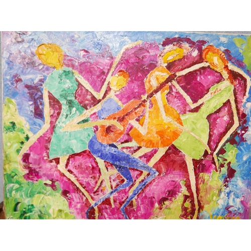 76 - French Modernist School, jazz musician and dancers, mixed media, indistinctly signed, 50 x 61cms, un... 