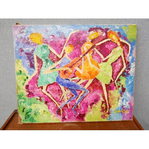 76 - French Modernist School, jazz musician and dancers, mixed media, indistinctly signed, 50 x 61cms, un... 