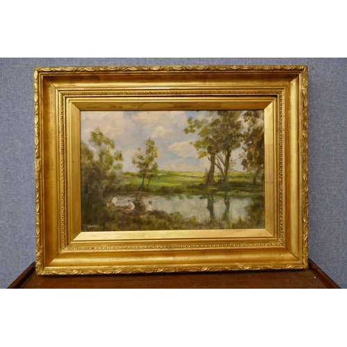 79 - L.V. Ward (late 19th/early 20th Century), Impressionist style landscape with children playing by a p... 