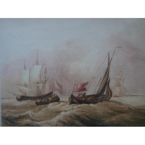 83 - English School (19th Century), shipping at sea, watercolour, 12 x 16cms and H.W. Hicks, moorland lan... 