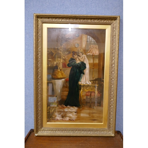 92 - After Maude Goodman (1853-1938), Mother and Daughter, overpainted lithograph, 67 x 40cms, framed