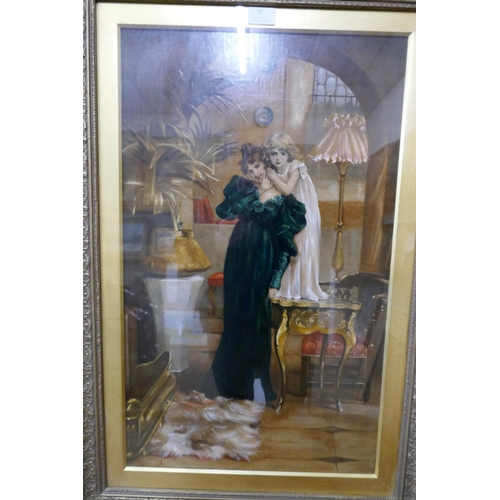 92 - After Maude Goodman (1853-1938), Mother and Daughter, overpainted lithograph, 67 x 40cms, framed