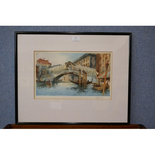 96 - A signed R.H. Smallridge colour etching, The Rialto, Venice, 24 x 39cms, framed